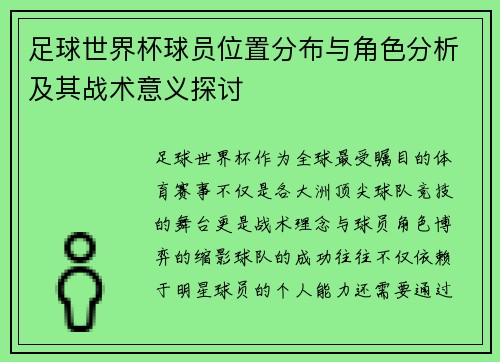足球世界杯球员位置分布与角色分析及其战术意义探讨