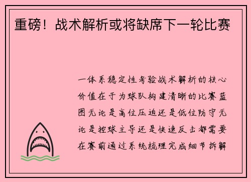 重磅！战术解析或将缺席下一轮比赛